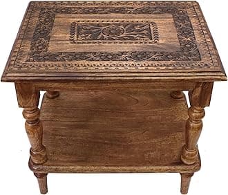 Solid Wood End Table - Hand Carved Vintage Farmhouse Boho Side Table with Bottom Shelf - Small Spaces Entryway Living Room Bedside - No Tools Assembly - 21x16x18 - Brown