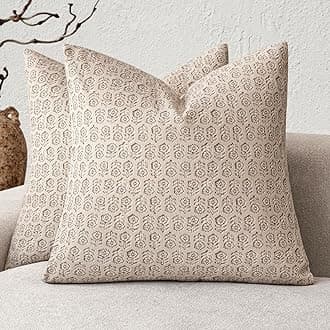 Foindtower Set of 2 Decorative Neutral Floral Print Throw Pillow Covers Vintage Accent Farmhouse Cushion Covers Boho Home Decor for Sofa Chair Couch Bedroom Living Room,18×18 Inch,Ivory Beige