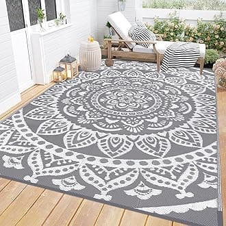 Waterproof Outdoor Rug 8'x10' Reversible Boho Plastic Straw Patio Deck Camping Rugs, Indoor Outdoor Portable RV Mat Clearance Carpet for Outside, Porch, Balcony, Backyard, Beach, Pool,Grey