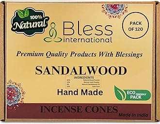 Bless International Sandalwood 100%-Natural-Incense-Cones Handmade-Hand-Dipped Organic-Chemicals-Free for-Purification-Relaxation-Positivity-Yoga-Meditation The-Best-scents 120 Count
