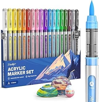 JusArt 18 Colours Acrylic Paint Markers Brush Tip, Water Based Paint Pens with Automatic Ink-Control, Waterproof 1-8mm Flexible Tip Acrylic Markers for Any Surface, Art Supplies for Adults Artist