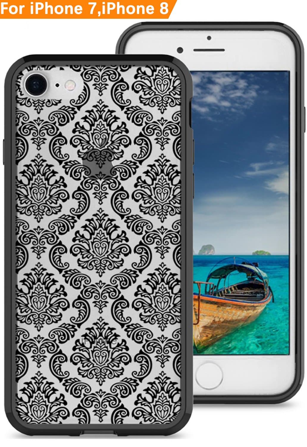Apple iPhone 8 4.7" / iPhone 7 4.7" Case , Modos Logicos [ Court Lace Pattern ] Hybrid Case , Transparent Hard PC Back Scratch Resistant Plus Soft TPU Frame Shock Absorption Bumper - Black Frame