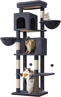 Cat Tree, 69-Inch Tall Cat Tower, Multi-Level Plush Condo with 2 Caves, 2 Baskets, 5 Scratching Posts, Self-Groomer, Perch, Hammock, Dark Gray UPCT182G02