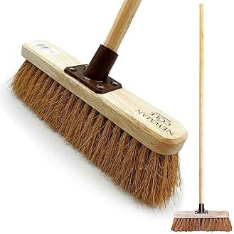 12” Soft Broom Indoor with Durable Support Bracket and 120 cm Wooden Handle Natural Coco Bristle Brush Sweeping Brush – Ideal for Cleaning Wooden, Decking, Concrete Floors and Patios
