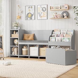 HOSTACK 67" W Kids Reading Nook with Toy Storage Organizer, Large Kids Bookshelf with Toy Storage Box on Wheels, Big Kid Bookcase with Bench and 6 Open Cubbies for Playroom, Kid Room, Grey