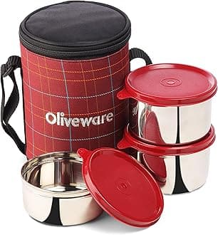 SOPL-OLIVEWARE Absolute Lunch Box, 100% Leak Proof, 3 Stainless Steel Containers with BPA Free Lids (2x600ml & 450ml), Fabric Bag (Red)