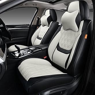 Car Seat Covers Front Pair, Breathable Leather Automotive Front Seat Covers with Headrest, Universal Automotive Vehicle Seat Cover for Most Sedan SUV Pick-up Trucks, Black&Beige