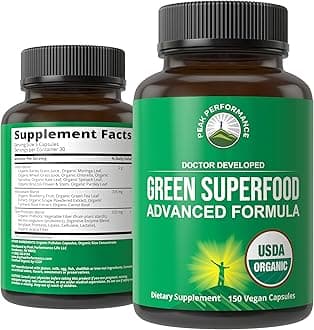 Organic Super Greens 150 Capsules - Green Juice Superfood Supplement with 25 All Natural Organic Ingredients. Max Energy and Detox Super Food Pills with Spirulina, Spinach, Kale, Turmeric, Probiotics