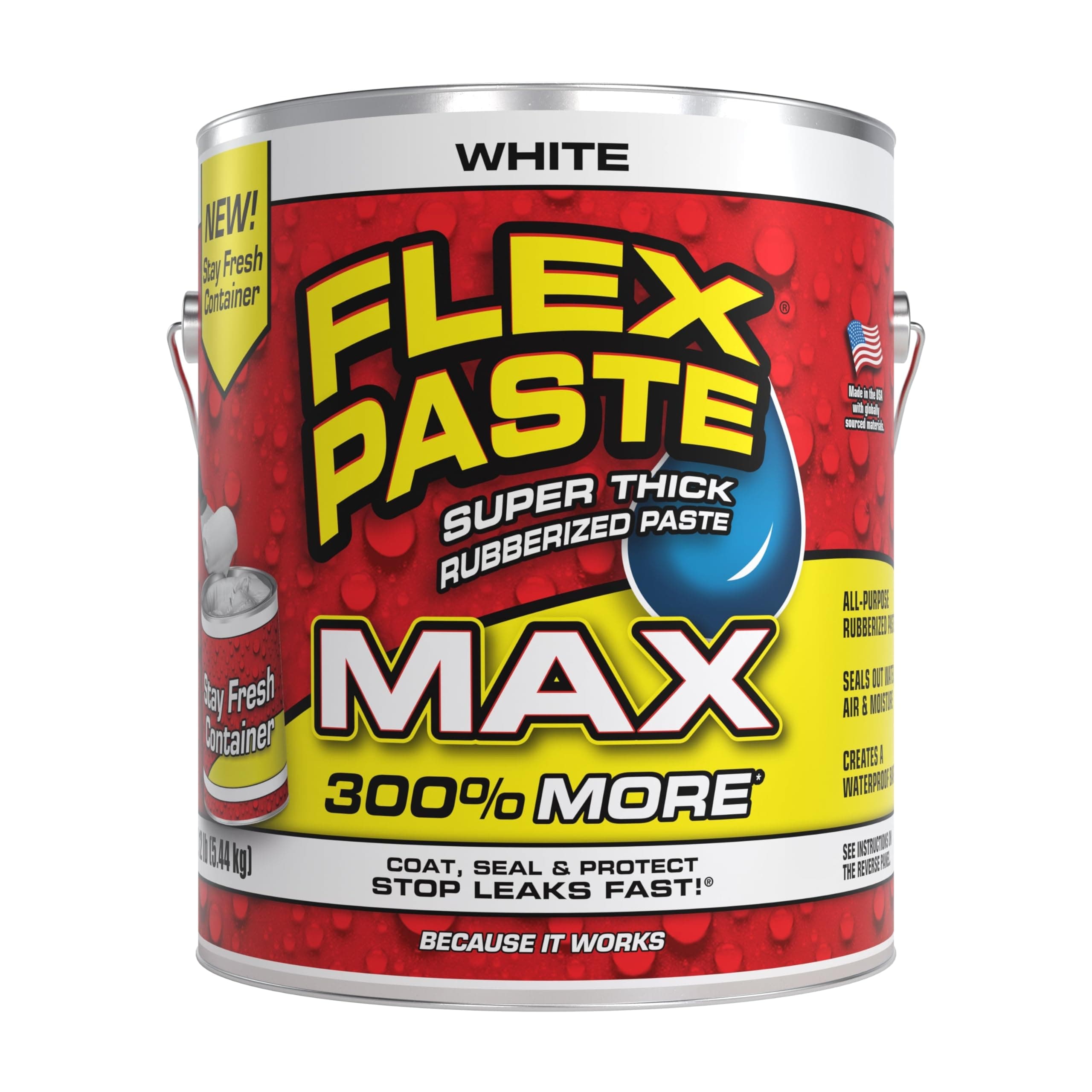 Flex Paste MAX, 12 lb Can, White, Waterproof Paintable Putty, Spackle Sealant, Fill Gaps Cracks Holes - Block Out Water and Air - UV Resistant - Walls, Drywall, EPDM, Concrete, Roof, RV Repairs