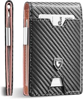 GSOIAX Men's Slim RFID Blocking Leather Wallet with Money Clip Minimalist Carbon Fiber Bifold Credit Card Holder 11 Card Slots Gift Box Included(Carbon Pink)