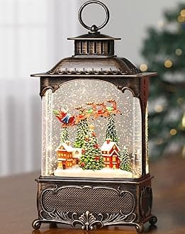 Village Snow Globe Lantern Christmas Snow Globes, Lighted Musical Christmas Decorations Indoor for Home with Music Timer Swirling Glitter, Navidad Santa Reindeer Decor, USB or Battery Operated