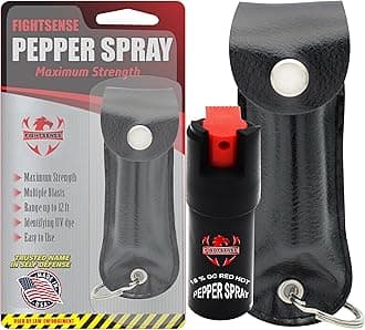 FIGHTSENSE Self Defense Pepper Spray - 1/2 oz Compact Size Maximum Strength Police Grade Formula Best Self Defense Tool for Women W/Leather Pouch Keychain