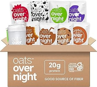 Oats Overnight Party Variety Pack - High Protein, High Fiber Breakfast Protein Shake - Gluten Free Oatmeal, Non GMO Oatmeal - Cookies & Cream, Coconut Cream Pie & More Flavors (8 Pack + Shaker Bottle)