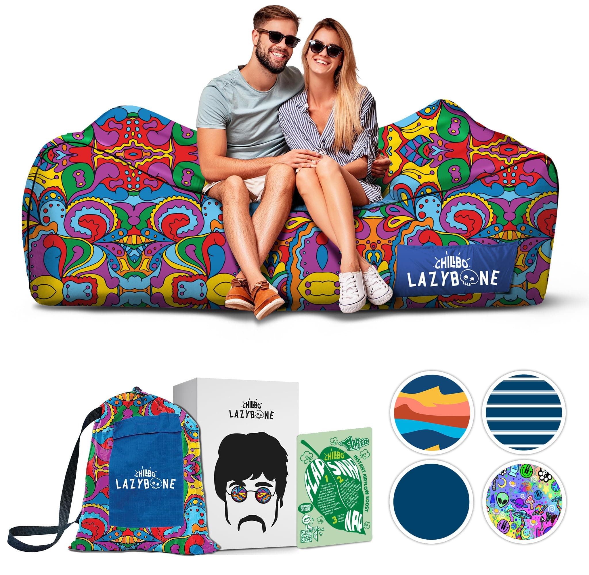 Chillbo Inflatable Couch – Unique Designs - No-Pump Setup, Ripstop Polyester, Stability Pegs, Fun Prints - Portable Air Inflatable Lounger for Beach, Camping, Festivals, and Tailgating