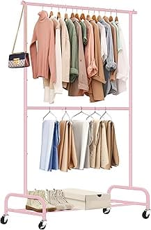 SLEEPING LAMB Double Rod Heavy Duty Clothes Racks for Hanging Clothing, Metal Rolling Garment Rack With Wheels Clothes Hanger Rack Wardrobe Racking for Coats, Shirts (Pink)