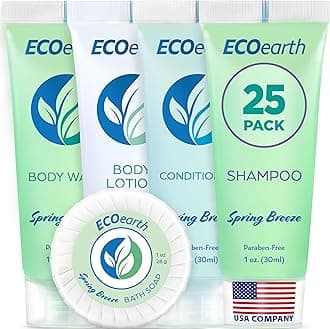 EcoEarth Hotel Toiletries Bundle (Spring Breeze, 1 oz Each, 125 Pieces) 5-Piece Set: 25 Each Round Bar Soap, Shampoo, Conditioner, Body Lotion & Body Wash - Bulk Mini Guest Amenities