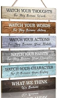 KAIRNE Set of 6 Inspirational Quotes Wall Art,Motivational Phrases Wall Sign,Inspirational Words Watch your Thoughts Wood Sign for Living Room,Positive Hanging Sign for Bedroom Kids Room Office Decor