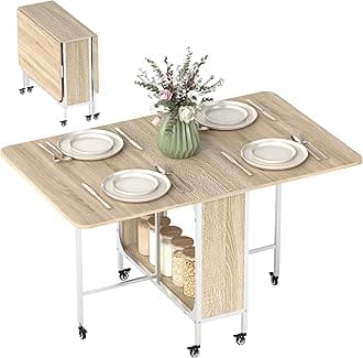 – HOMCOM Mobile Drop Leaf Table, Folding Dining Table with 6 Wheels & Storage Shelf for Small Spaces, Kitchen, Dining Room, Natural Wood Finish