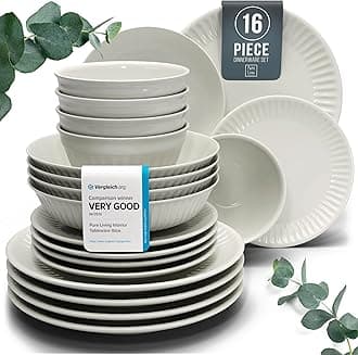 16-Piece Dinnerware Set - Bowl and Plate Set - Stoneware Dining Set for 4 People - Dishwasher and Microwave Safe - Grooved Dining Service in Beige