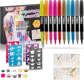 YUNAI Temporary Tattoos Markers for Skin, Tattoo Pen Kit with 10 Body Tattoos Pens 5 Tattoo Stencils 2 Tattoos Stickers for Adults, Fine Tip, Assorted Bright Colors