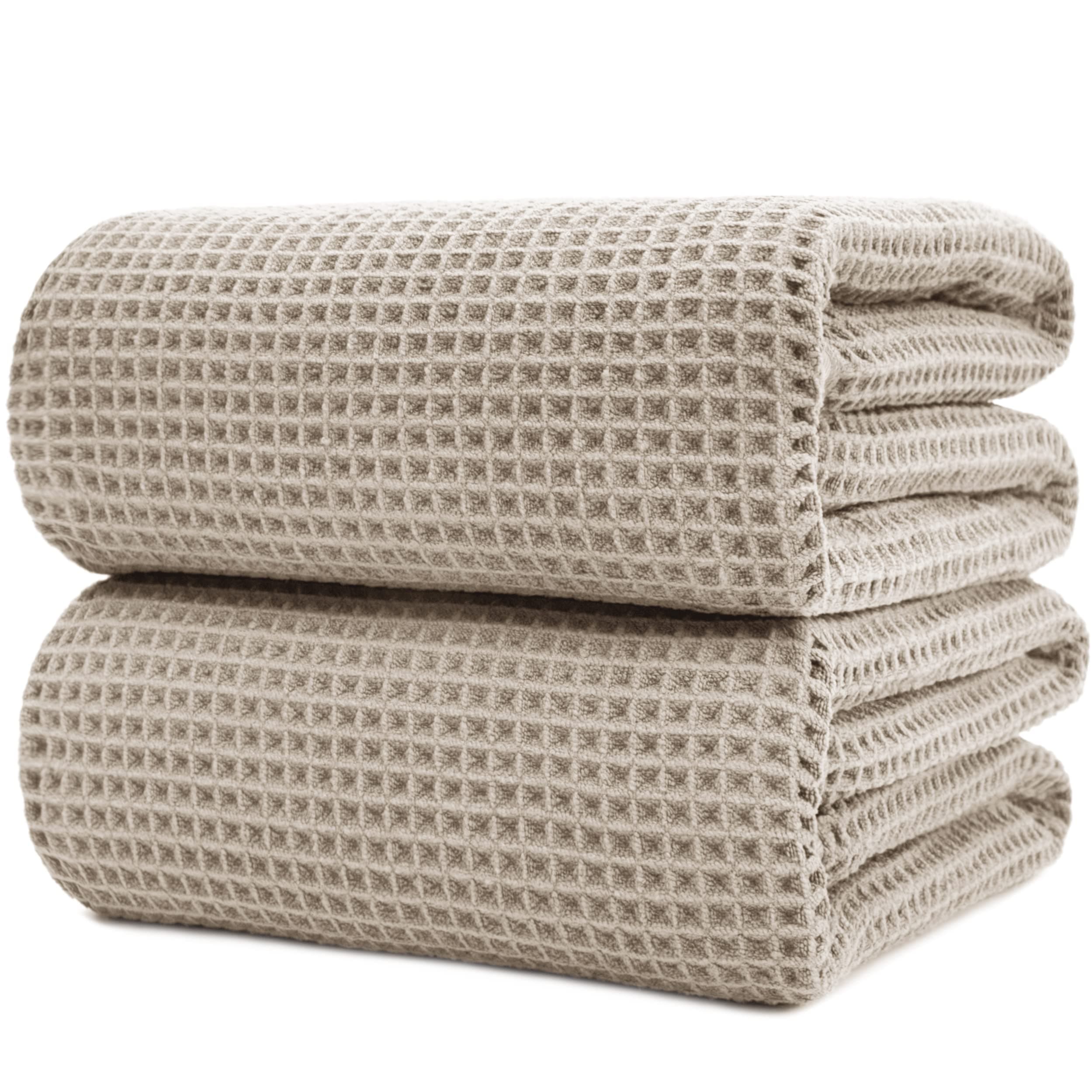 POLYTE Microfiber Quick Dry Lint Free Bath Sheet, 70 x 35 in, Set of 2 (Beige, Waffle Weave)