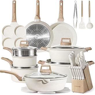 CAROTE ICE 35pcs Pots and Pans Set, Nonstick Cookware Sets, White Granite Induction Cookware with Kitchen Knife Set