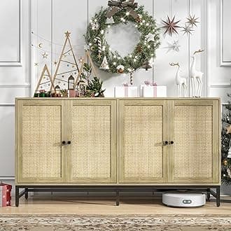 - Credenza Rattan Buffet Cabinet, Sideboard Storage Accent Cabinet with 4 Doors, 59" Large Mid Century Modern Console Table for Kitchen, Living Room and Dining Room, Natural