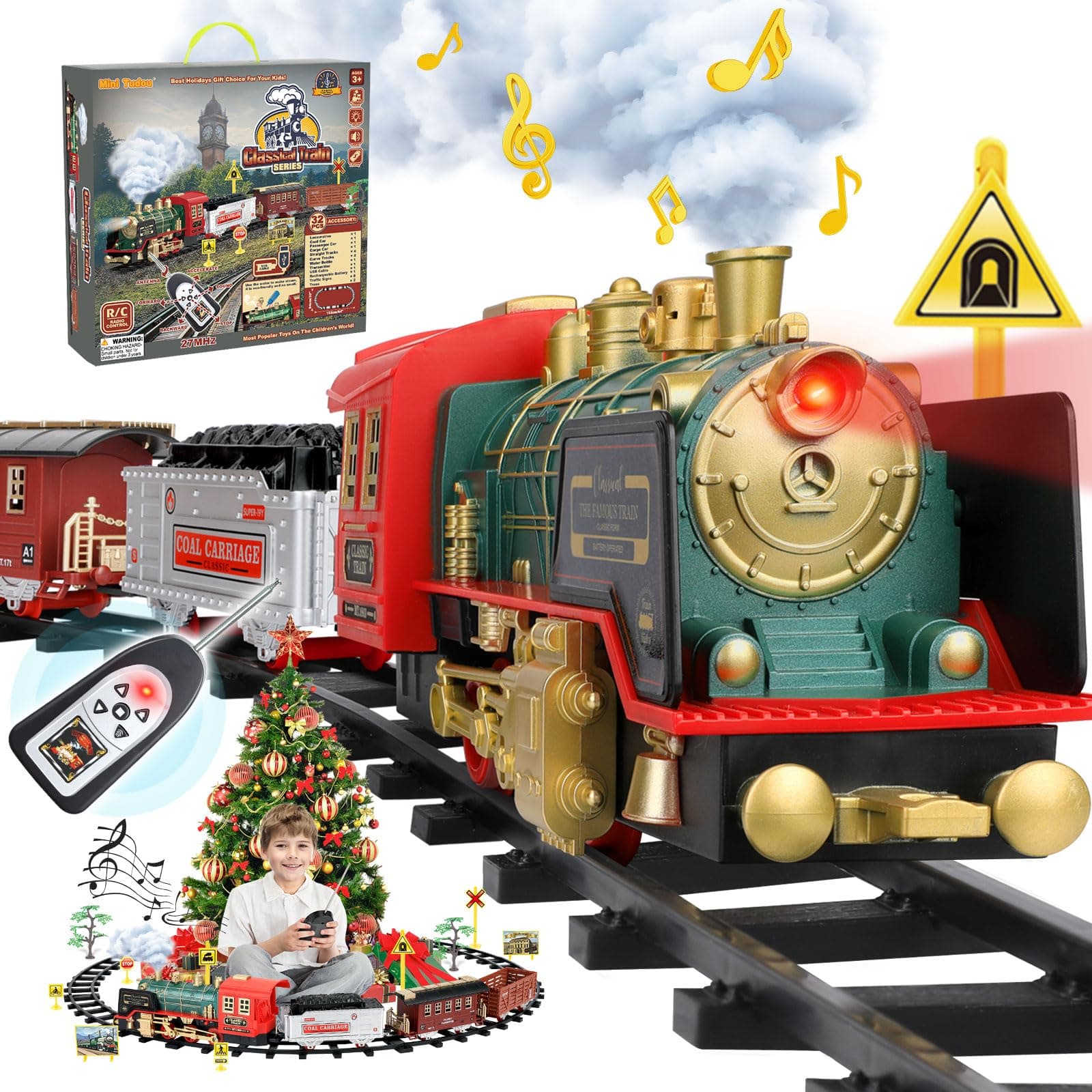 Mini Tudou Remote Control Steam Train Sets with Light,Sounds,Christmas Electric Train Toys with Steam Locomotive Engine,Cargo Cars and Tracks,Toy Train with Rechargeable Battery for Kids Boys Girls