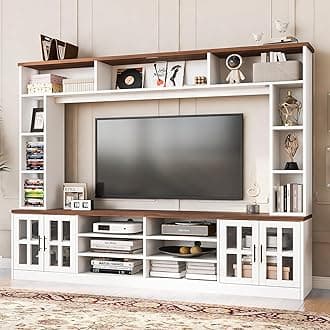 95.5" Entertainment Wall Unit Set with Bookshelves, Modern TV Stand for Televisions Up to 80", Large Media Console with Cabinets and Tempered Glass Doors for Living Room