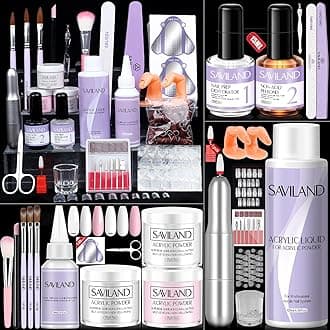 SAVILAND Acrylic Nail Kit for Nail Practice - 3 Colors Acrylic Powder and 4OZ Acrylic Liquid Set with 50pcs Full Cover nails tip for Extension Nails Starter Kit for Home DIY Acrylic Nails Application