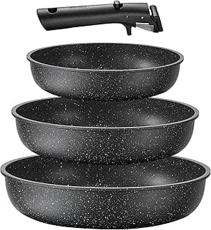 CAROTE 4pcs Pots and Pans Set Non Stick, Cookware Set, Removable Handle Pots and Pans Nonstick, RV Oven Safe Cookware, Induction Kitchen Cookware Set, Knife Set, Black