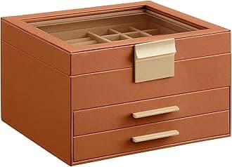SONGMICS GISELLA Collection - Jewelry Box Organizer, 3-Layer Jewelry Storage with 2 Drawers, Shiny Metal Hardware, Glass Lid, Modern, 8 x 9.1 x 5.3 Inches, Caramel Brown and Gold Color UJBC239K01