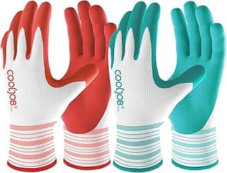 COOLJOB Gardening Gloves for Women and Ladies, 2 Pairs Breathable Rubber Coated Yard Garden Gloves, Outdoor Protective Work Gloves with Grip, Size Small, Red & Green