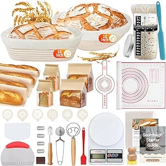 Banneton Proofing Basket Set,10 Inch Round & Oval Natural Rattan Sourdough Bread Proofing Basket Reusable Bread Baking Supplies with Sourdough Starter Jar, Perfect for Artisan Loaf Shaping