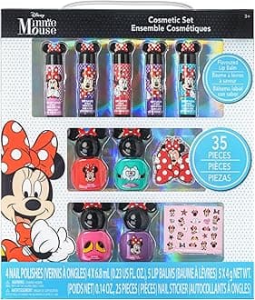 Townley Girl Disney Minnie Mouse - Sparkly Cosmetic Makeup Set for Girls with Lip Balm Nail Polish Nail Stickers -35 Pcs Perfect for Parties Sleepovers Makeovers Birthday Gift for Girls above 3 Yrs