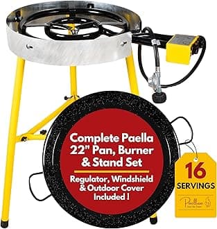 Paella Burner and Stand Set 16 Servings, 22 Inch Paella Pan, Dual Propane Outdoor Stove with Stand & Regulator, Portable Gas Cooker for Camping Crawfish Boil Cooking Outdoor, Paellera Propano