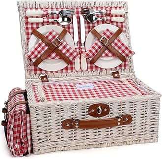 HappyPicnic Fitted Picnic Baskets Cooler Set for 4 Persons with Large Waterproof Picnic Blanket, Insulated Compartment and Cutlery Service Kit-Red