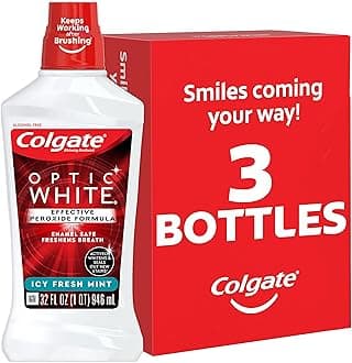 Colgate Optic White Whitening Mouthwash, 2% Hydrogen Peroxide, Fresh Mint, 32 Ounce, 3 Pack (Packaging May Vary)