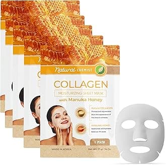Natural Chemist Collagen & Manuka Honey Sheet Face Mask - Anti-Aging, Hydrating, Skin Firming, Reduces Fine Lines, Dermatologist Tested, Cruelty Free Korean Skin Care For All Skin Types - 5 Masks