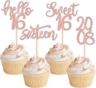 24PCS Happy 16th Birthday Cupcake Toppers Glitter Sweet 16 Twenty One Years Old Cupcake Picks Since 2008 Hello 16 Cake Decorations for Celebrating 16th Birthday Anniversary Party Supplies Rose Gold