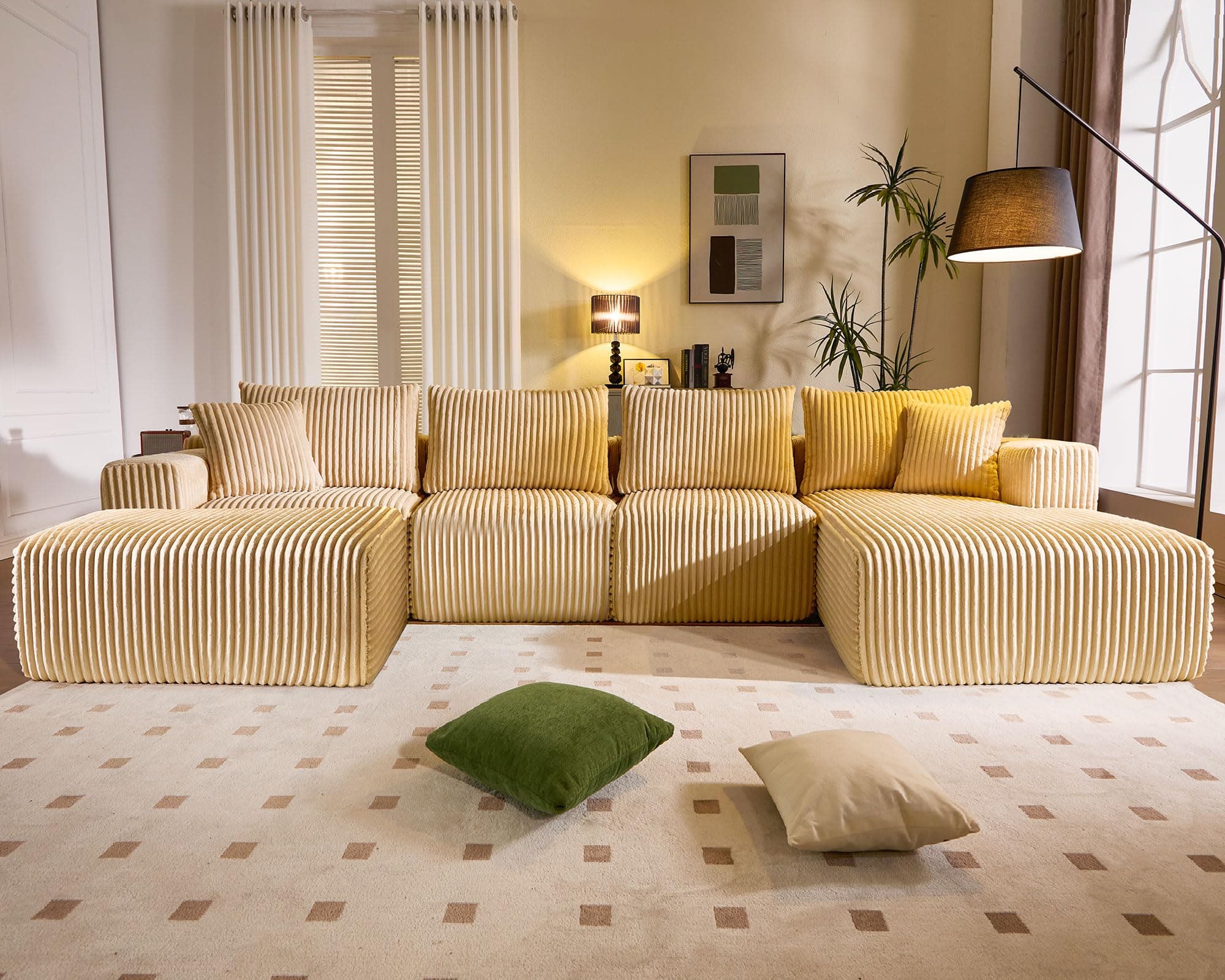 WorthFurni Cloud Modular Sofa Couch with U-Shape Chaise and Big Ottoman Modern Sectional with Deep Seat, Upholstered Couches for Living Room,No Assembly Required, Plush Corduroy Fabric 139.37"(Beige)