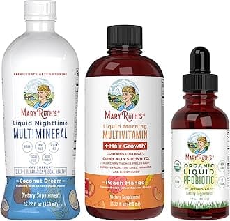 Morning Multivitamin +Hair Growth (Peach Mango, 15oz), Nighttime Multimineral (Coconut, 15oz) & Probiotic Drops (2oz) | Vegan Vitamins for Beauty, Bedtime, & Wellness | Non-GMO