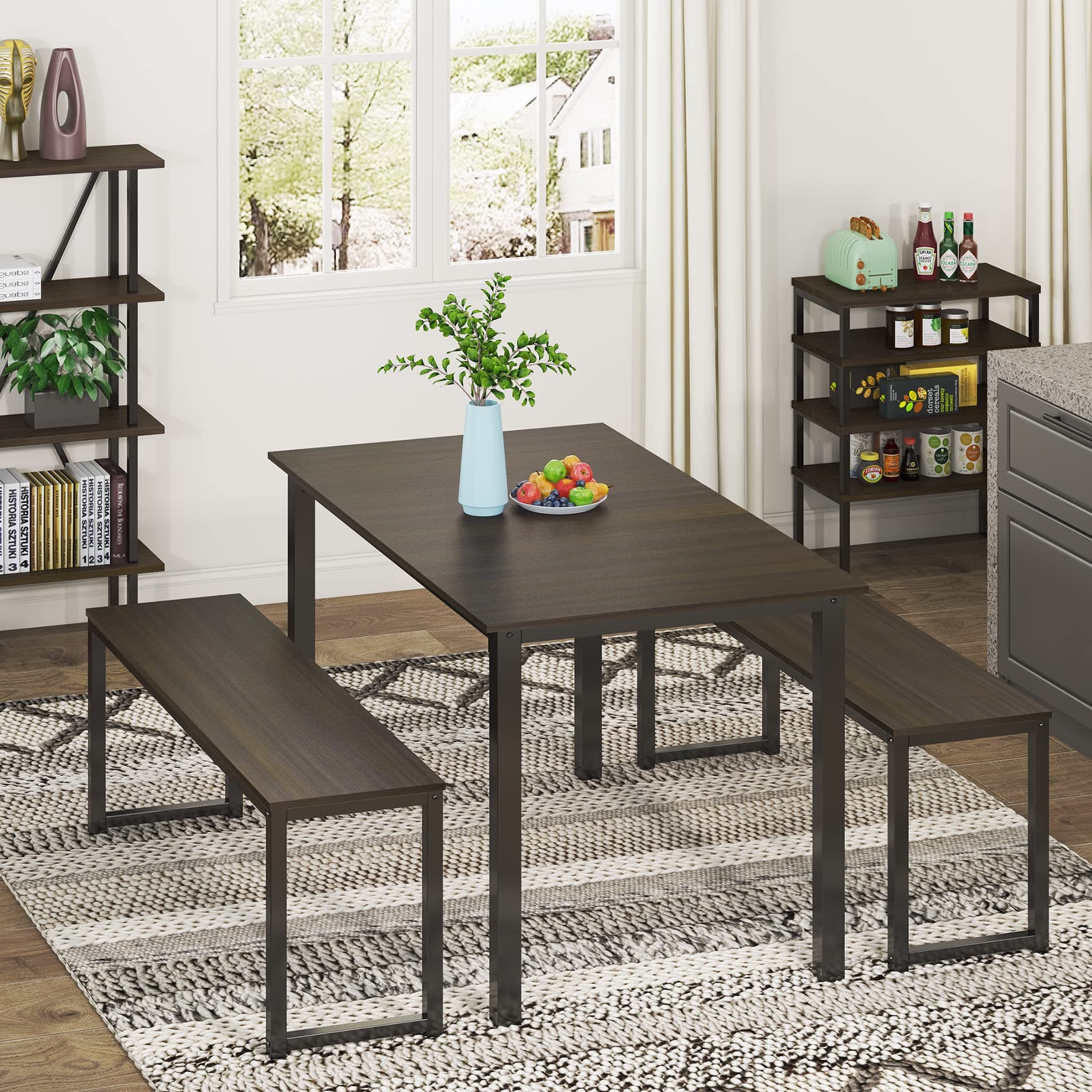 HOMOOI Dining Room Table Set, Modern Studio Kitchen Table Set with Two Benches 3 Piece Breakfast Nook,Brown.