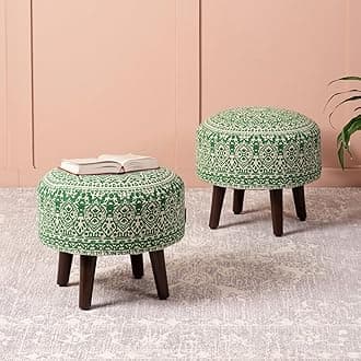 nestroots Set of 2 Wooden Ottoman Stools for Living Room | Printed Pouffes for Sitting, Footrest with 4 Wooden Legs | 14 Inch Height, Green | Stylish & Comfortable Furniture for Home Dcor