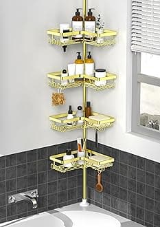 Corner Gold Shower Caddy Tension Pole - 4-Tier Rustproof Shower Rod Organizer, Floor to Ceiling Tension Rod 25-114.2 inch, Stainless Steel Corner Shower Shelf, Waterproof