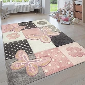 Kids Room Rug Pastel Colors Butterflies Check Pattern Spots Flowers Colourful, Size:5'3" x 7'7"