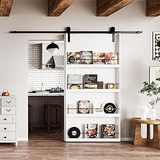 BARNER HOME 48in x 84in Sliding Barn Door, Shelf Style, Made of Primed MDF, Sliding Door with 8ft Hardware Kit, Need to Assemble