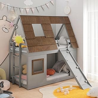 Polibi Wood Twin Size House Bunk Bed with Window,Brown Roof Shape Design,Ladder and Climbing Ramp, Bunkbed Frame for Boys & Girls(Brown+Gray)