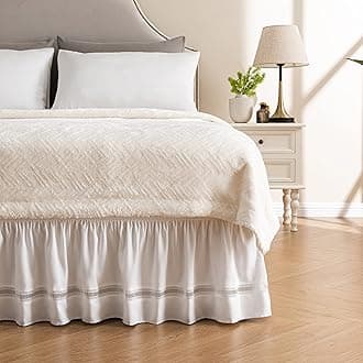 MIYE Wrap Around Ruffled Lace Bed Skirt, Elastic Dust Ruffle with Adjustable Belts, Easy to Put On, Bed Frame Cover, Machine Washable (Ruffled Lace/White, King/Queen-15 Drop)