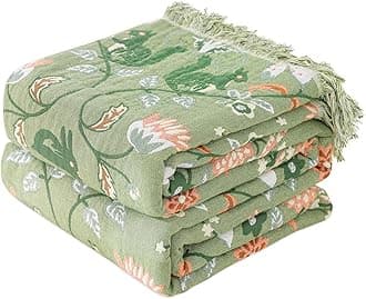 Boho Throw Blanket for Bed 100% Cotton Soft Breathable Quilt Room Decor Bed Blankets,Floral Garden Embroidery All Season Green Reversible Blankets for Sofa Couch Chair 80"×90"
